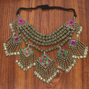 Dangling Five Pendant Kuchi Oversized Choker Necklace, Ethnic Boho Necklace, Mul
